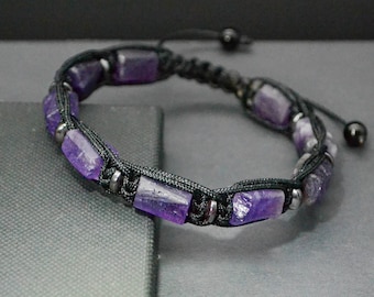 Raw Amethyst bracelet men Macrame purple crystal bracelet February Birthstone bracelet