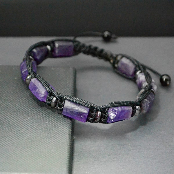 Bracelet en améthyste brute pour homme Bracelet en cristal macramé violet pour homme Bracelet de pierre de naissance de février