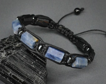 Matte Blue Sapphire bracelet for men with Black Tourmaline Adjustable Wisdom & Protection bracelet