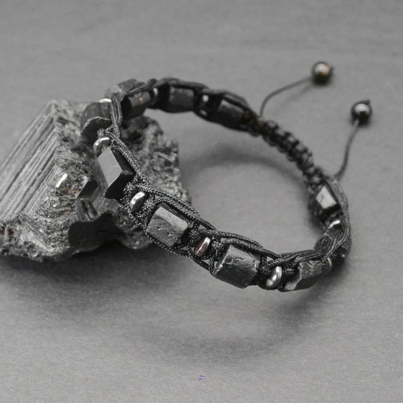 Raw black tourmaline bracelet for men EMF 5 G protection stone bracelet October birthstone bracelet zdjęcie 1
