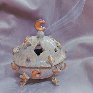 Ritual of Moon and Star! Handmade Incense Burner. Moon star Home décor. Pottery gift. Ceramic burner. Incense making. Incense burning.