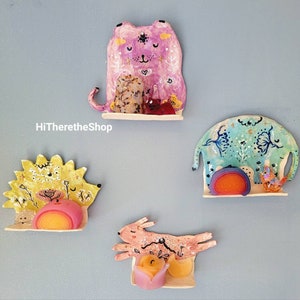 The Magic Animal Shrines! Handmade Ceramic anima wall shelf, candle holder wall hanging. Elephant cat rabbit hedgehog crystal shelf Pottery.