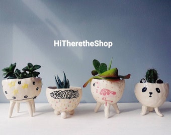 The Very Fun Collection - Ceramic, handmade, succulent pot, planter, cactus pot, plant pot. Rainbow drops. Cloud. Flamingo. Panda. Star.