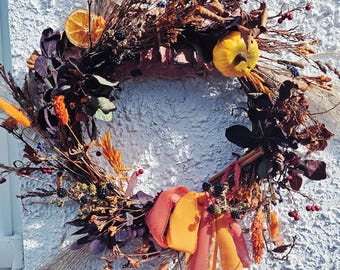 Corona otoñal grande de 60 cm, mágica con flores y plantas silvestres. Corona hecha a mano y personalizada. ¡Crea tu propia corona con nuestro kit DIY! ¡O llévatela ya hecha!