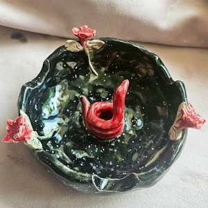 Night Snake and flowers Ashtray!  Handmade ceramic dish, ring dish, key dish. Ashtray. Personalised options. Night sky. Red snake red flower