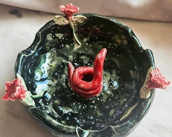 Night Snake and flowers Ashtray!  Handmade ceramic dish, ring dish, key dish. Ashtray. Personalised options. Night sky. Red snake red flower