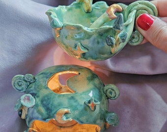 ¡La magia de los Hongos Lunares! Quemador de cera artesanal. Decoración para el hogar con forma de hongo y estrella lunar. Regalo de cerámica. Quemador de cerámica. Difusor. Cera fundida.