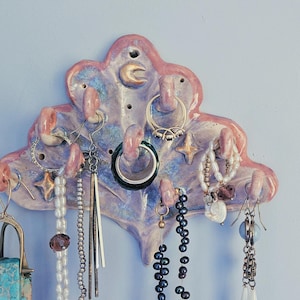 Handmade Ceramic Moon Flower Jewelry Holder: Wall Hanging Organizer