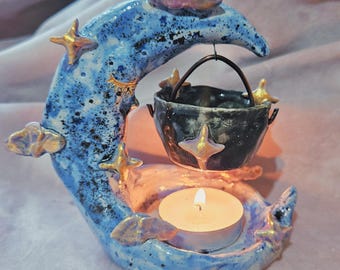 ¡El Caldero Mágico de la Luna Dormida! Quemador de cera y aceite artesanal. Decoración para el hogar con forma de hongo y estrella lunar. Regalo de cerámica. Quemador de cerámica. Difusor.