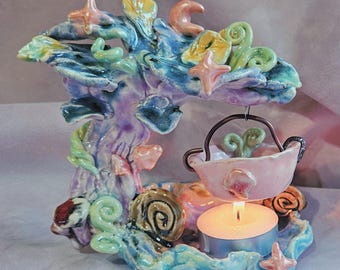 ¡Quemador de Bosque Mágico! Quemador de cera artesanal. Quemador de aceite. Decoración para el hogar con diseño de setas, luna y estrellas. Regalo de cerámica. Quemador de cerámica. Difusor. Cera fundida.