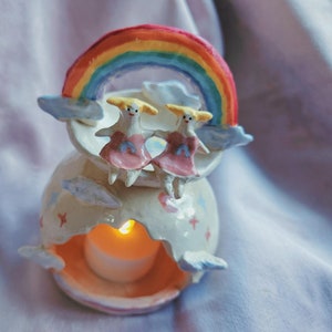 Rainbow personalised burner with little person or pet! Imperfect Handmade wax burner oil burner. Pottery gift. Ceramic burner. Diffuser.
