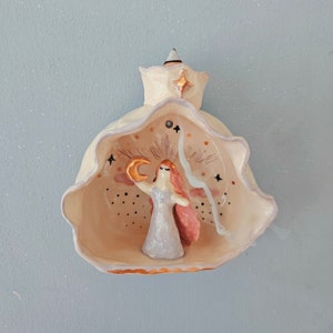 Crescent Moon Princess Incense Burner Shrine! Handmade Ceramic wall hanging. Free standing. Incense holder. Candle Holder. Moon goddess.
