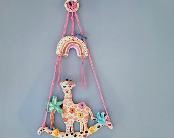 The Pink Flower Giraffe - Ceramic Handmade Wall Hanging! Wall art, wall décor. home decor, nursery. Animal. Pottery gift. Giraffe, trees.