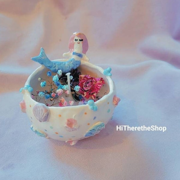 The Mermaid Princess Candle Bowl - Handmade tealight holders, candle holders. Shells. Corals. Sea. Jewellery bowl.  Home décor. Pottery gift