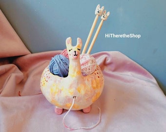 Handmade Llama Yarn Bowl: Ceramic Pottery with Bamboo Needles