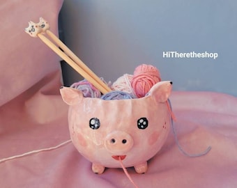 The Piggy Pig Yarn Bowl - Handmade ceramic yarn bowl. Hand pinched. Special bamboo matching knitting needles. Pottery Gift ideas. Pig gifts.