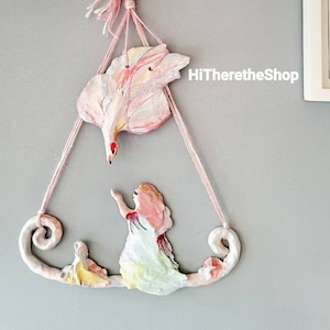 The Bird and the Princess! - Ceramic Handmade Wall Hanging! Gold details! Pastels colours. Pottery gifts. Wall decorations. Bird. Girl.