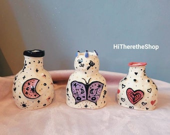 The Magic Potion Vases - Handmade ceramic vase, home décor. Irregular organic vase. Heart Butterfly moth moon. Witch. Pottery gift ideas.