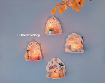 The Magic Candle Shrines! Handmade Ceramic wall shelf, candle holder wall hanging. Moon mushroom moth butterfly crystal shelf Pottery.