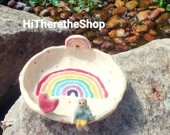 The Content Self - Rainbow little person and heart - handmade ceramic Jewelry dish, key dish, decorative tray. Trinket dish. Soap dish.