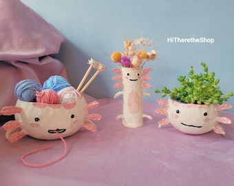 Handmade Axolotl Yarn Bowl: Ceramic Knitting Bowl with Bamboo Needles