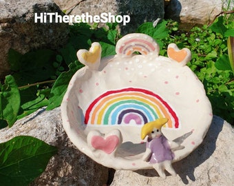 The Little Pigtails - Rainbow little person and heart - handmade ceramic Jewelry dish, key dish, decorative tray. Trinket dish. Soap dish.
