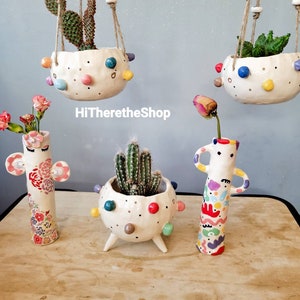 The Rainbow Bobbly and Uncanny Collection - Ceramic handmade succulent cactus plant pot, hanging planter. Vase! Outdoor planter. Gift ideas.