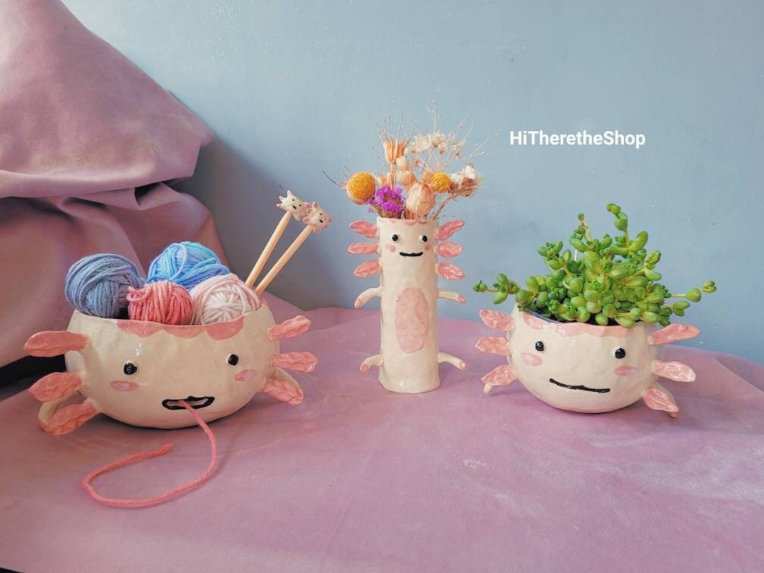 The Silly Axolotl Yarn Bowl Handmade Ceramic Yarn Bowl. Hand Pinched