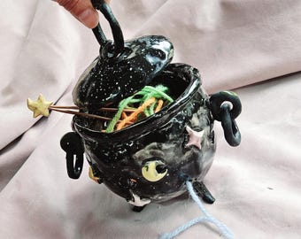 Handmade Star Moon Witch Cauldron Yarn Bowl: Ceramic Pottery with Bamboo Needles