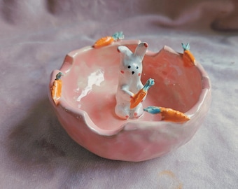 Rabbit and carrots Ashtray!  Handmade ceramic dish, ring dish, key dish. Ashtray. Personalised option. Rabbit, carrots.