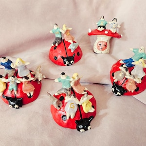 Personalised Little Persons or Family on Ladybird! Handmade ceramic Figurine. Siblings family best friends kids childrens custom gift idea.