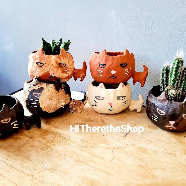 The Big Headed Cat. Ceramic handmade plant pot. Succulent pot. Cactus pot. Grumpy cat. Personalised. Pottery. Terracotta. Custom Gift ideas.