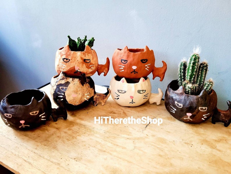 The Big Headed Cat. Ceramic handmade plant pot. Succulent pot. Cactus pot. Grumpy cat. Personalised. Pottery. Terracotta. Custom Gift ideas. image 1