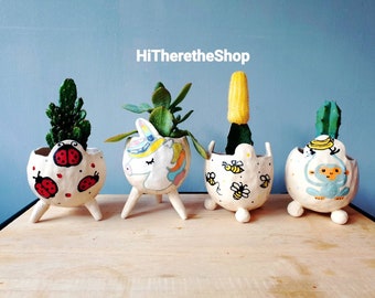 The Very Fun Collection 5 - Handmade Ceramic succulent pot. Plant pot, cactus planter. Unicorn. Monkey. Ladybird. Bee. Great gift ideas.