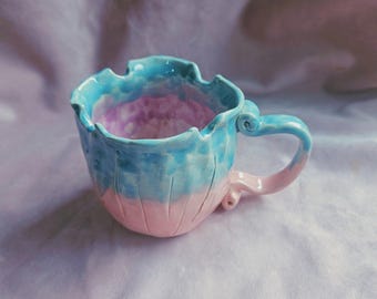 Green pink flower Mug! Handmade ceramic coffee mug tea cup. Green pink  drinking cup. Pottery gift idea. Cup. Mug. Drinkwater. Tableware.