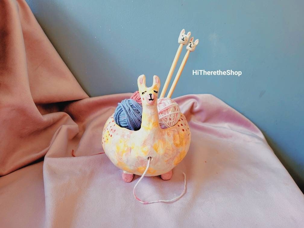 The Silly Llama Yarn Bowl - Handmade ceramic yarn bowl. Hand pinched. Special bamboo matching knitting needles. Pottery Gift ideas. Llama.