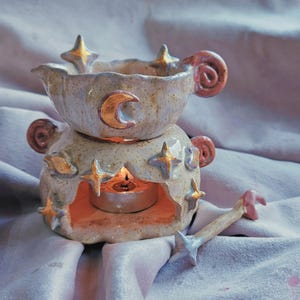 Ritual of Moon and Star! Handmade wax burner oil burner. Mushroom, moon star Home décor. Pottery gift. Ceramic burner. Diffuser. Wax melt