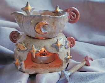 ¡Ritual de Luna y Estrella! Quemador de cera artesanal. Quemador de aceite. Decoración para el hogar con forma de hongo y luna y estrella. Regalo de cerámica. Quemador de cerámica. Difusor. Cera fundida.