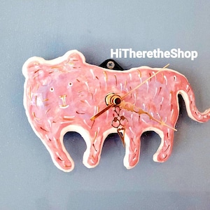 The Pink Tiger Clock! Hand made ceramic wall clock. Home décor. Wall décor. Year of the tiger. Moon. Mushroom. Peony. Cat. Pottery gift.