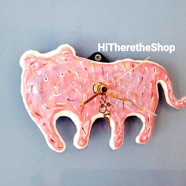 The Pink Tiger Clock! Hand made ceramic wall clock. Home décor. Wall décor. Year of the tiger. Moon. Mushroom. Peony. Cat. Pottery gift.
