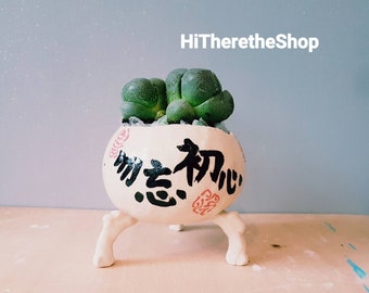 May include: White ceramic planter with three legs and black calligraphy that reads "初志" in the center. The planter is filled with a green succulent plant.
