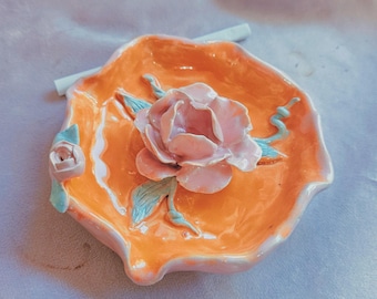 Pink orange flower Ashtray!  Handmade ceramic dish, ring dish, key dish. Ashtray. Personalised options. Water scene. Flower.