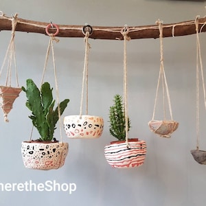 The Dots and Lines Hanging Pot Collection, Ceramic hanging planter, succulent pot, cactus pot, plant pot, home studio pottery, pinch pot.