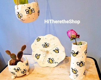 The Bee Collection - Handmade ceramic planter, succulent pot, cactus pot, plant pot, gift idea. Bumblebee. Queen bee. Busy bee. Clock. Vase.