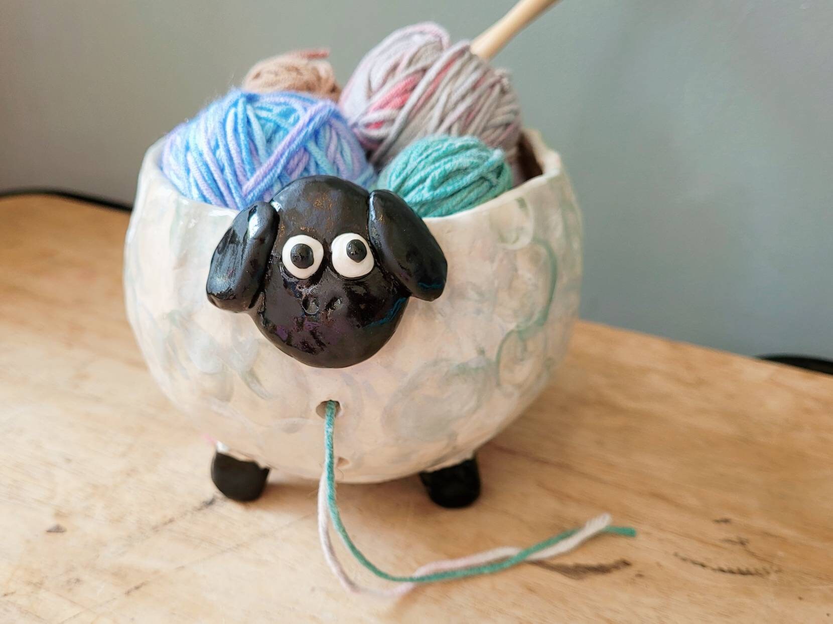 What on Earth Sleepy Sheep Ceramic Yarn Bowl Knitting Bowl - Holds Ball of Yarn