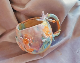 Dragonfly and flower Mug! Handmade ceramic coffee mug tea cup drinking cup. Pottery gift idea. Cup. Mug. Drinkwater. Tableware.