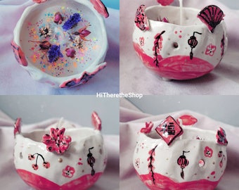 Good Fortune Celebration Candle Bowl! Chinese New Year Handmade candle tealight holder. Jewellery bowl.  Home décor. Pottery. Lunar new year