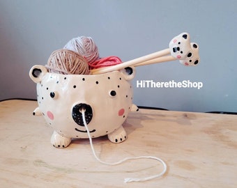 The Silly Bear Yarn Bowl - Handmade ceramic yarn bowl. Hand pinched. Bear. Special bamboo matching knitting needles. Gift ideas. Polar bear.