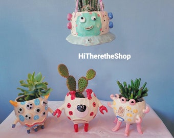 The Space Monster Alien Collection! Handmade ceramic plant pot, indoor planter, garden decor. Hanging planter. Pottery gift ideas. Aliens.