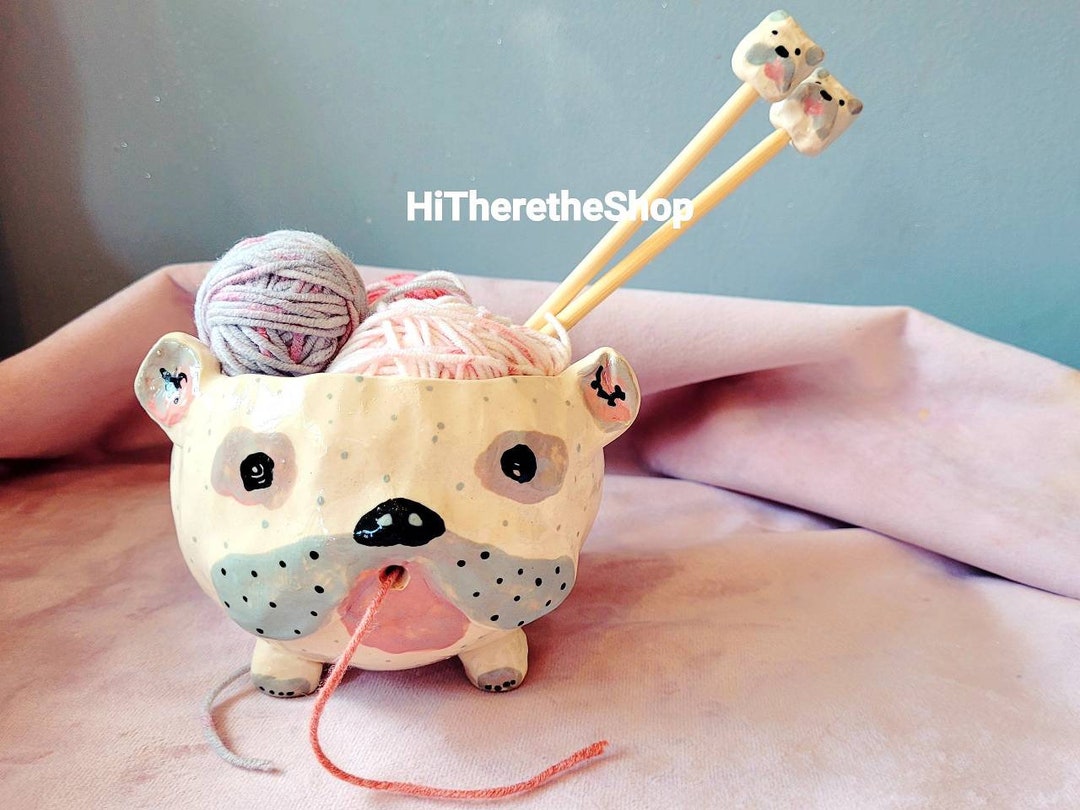 The Silly Bull Dog Yarn Bowl Handmade Ceramic Yarn Bowl. Hand Pinch. Bamboo Matching Knitting